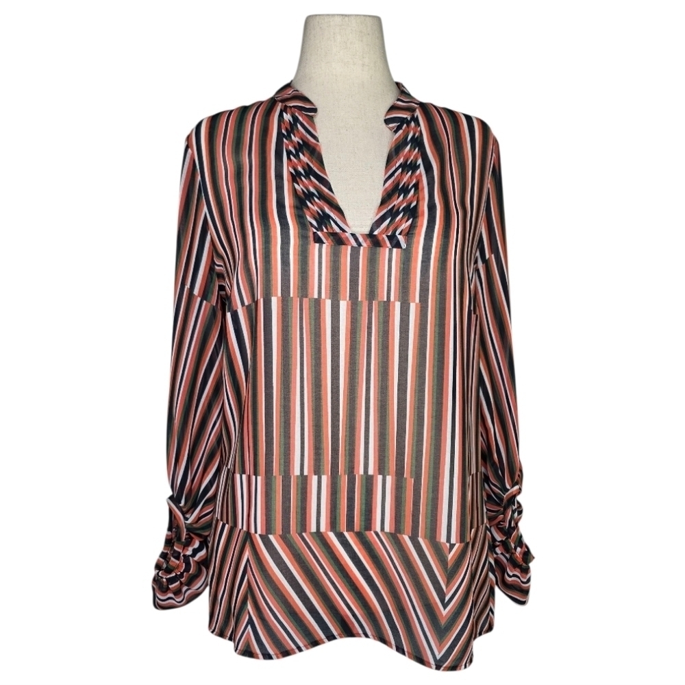 Cabi Multicolor Stripe V-Neck Sheer Blouse Ruched Sleeve Tunic Top Size M